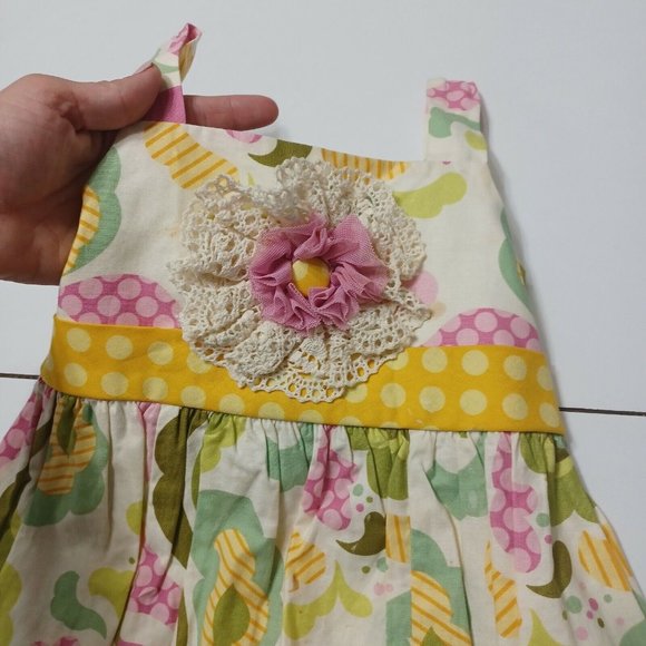 Peaches 'N Cream Girls 5 Dress BYellow Floral Lace Button Bow Tie 100% Cotton - Picture 12 of 12